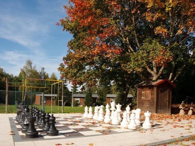 Blick auf das Großfeldschachspiel mit Grillplatz und Ferienhäuser im Hintergrund