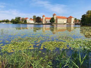 Blick vom Schlosspark über den Grienericksee auf das Schloss Rheinsberg