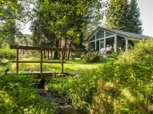 Moderne Ferienhäuser an Waldbächen und Teichen auf mehreren abgelegenen Waldlichtungen