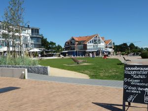 Außenansicht des Gebäudes. Das Gebäude direkt am Seebrückenvorplatz mit Eiscafés und guten Restaurants