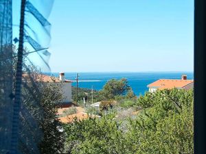 Ausblick aus dem Fenster. Blick über Weinlaub und Olivenbäume zum Meer