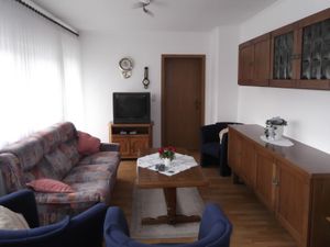 Wohnzimmer mit Schlafsofa und SAT-TV