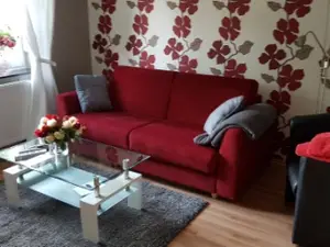 Blick in das Wohnzimmer mit Sofa