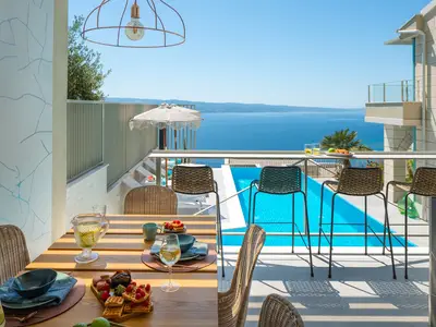 Es gibt eine Sommerküche (21 m2) mit Grill, einen überdachten Essbereich mit einem Fernseher und 4 Barstühlen