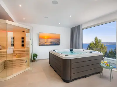 an indoor whirlpool (Hot-Tub), a Finnish sauna, a bathroom with a shower, a TV, and a kitchenette