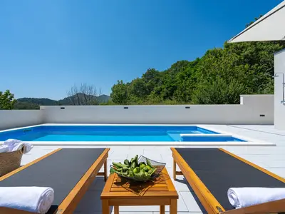 a private, heated 32 sqm (8m x 4m) swimming pool, 6 deck chairs and outdoor shower
