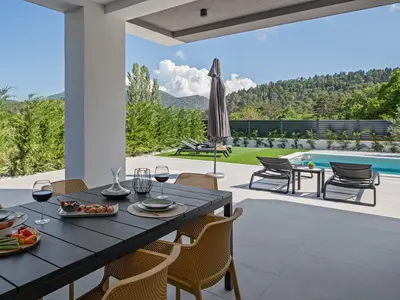 a covered dining area with a barbecue (wood and charcoal)
