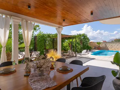 The covered outdoor dining area