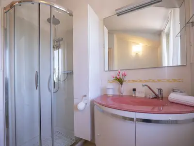 Das Badezimmer hat ein Waschbecken und eine komfortable Kabine