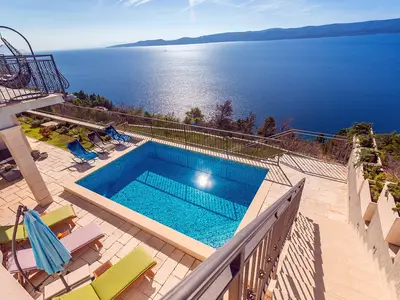 Erstaunlicher Panoramablick auf das kristallklare türkisblaue Wasser der Adria