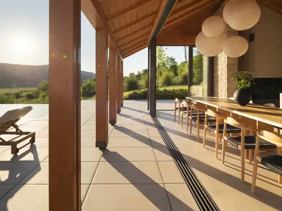 Blick von der sonnendurchfluteten Terrasse auf den überdachten Essbereich neben dem beheizten Pool und die Sitzgelegenheiten im Freien.